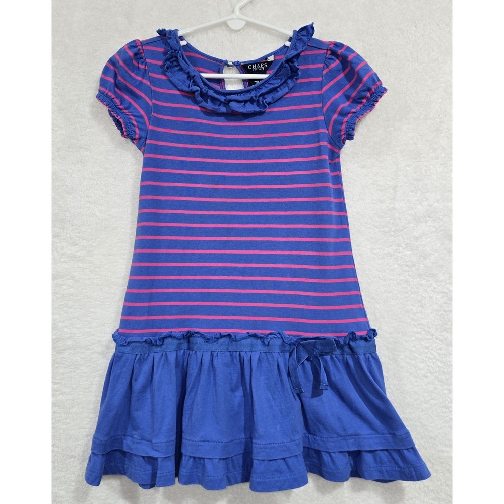 Girls 5 CHAPS Dress Cotton Knit Royal  Blue Pink Stripe Ruffle Drop Short Sleeve